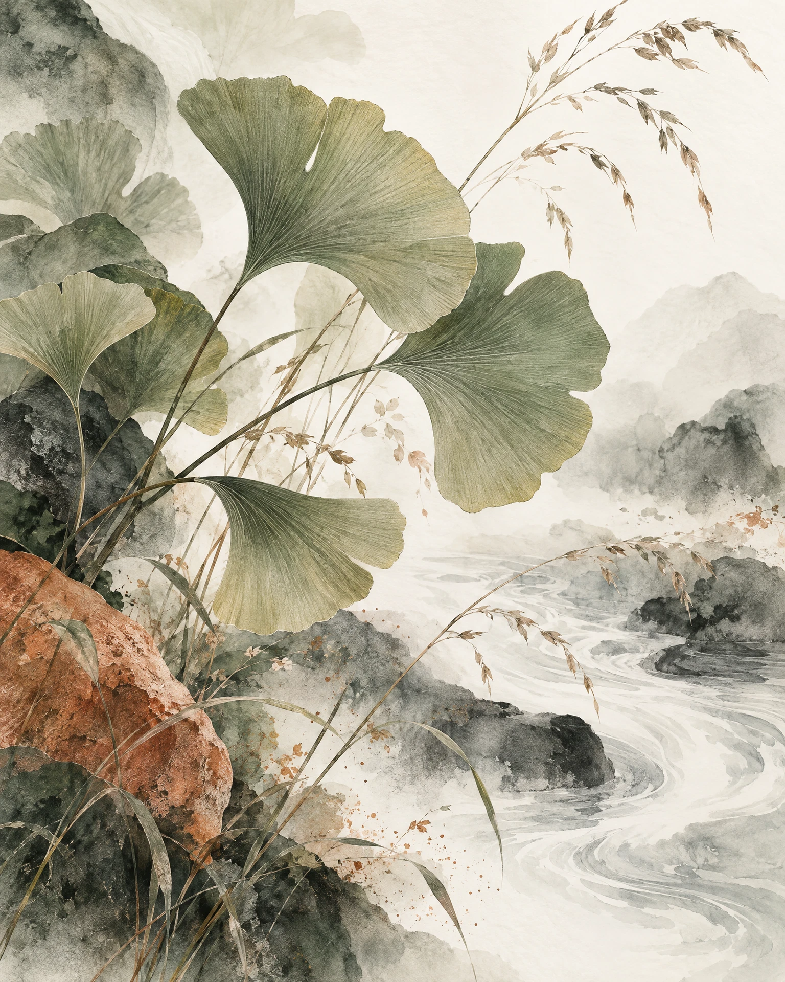 Composition botanique de feuilles de ginkgo dans un style d’encre chinoise