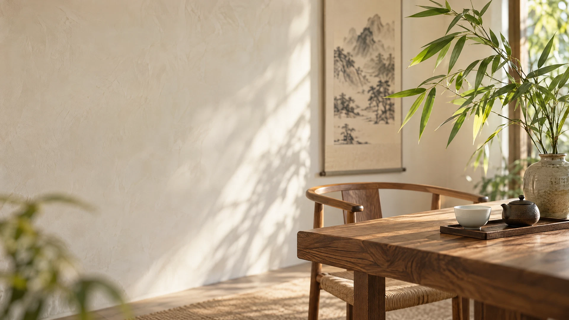Espace lumineux aux matières naturelles, avec une table en bois et des feuillages verts